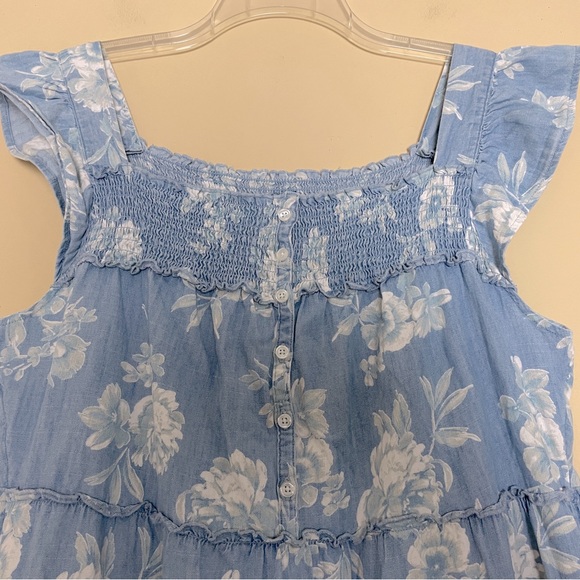 Old Navy Blue Floral Tiered Smocked Midi Dress Medium Flutter Sleeve Cottagecore - Picture 8 of 11
